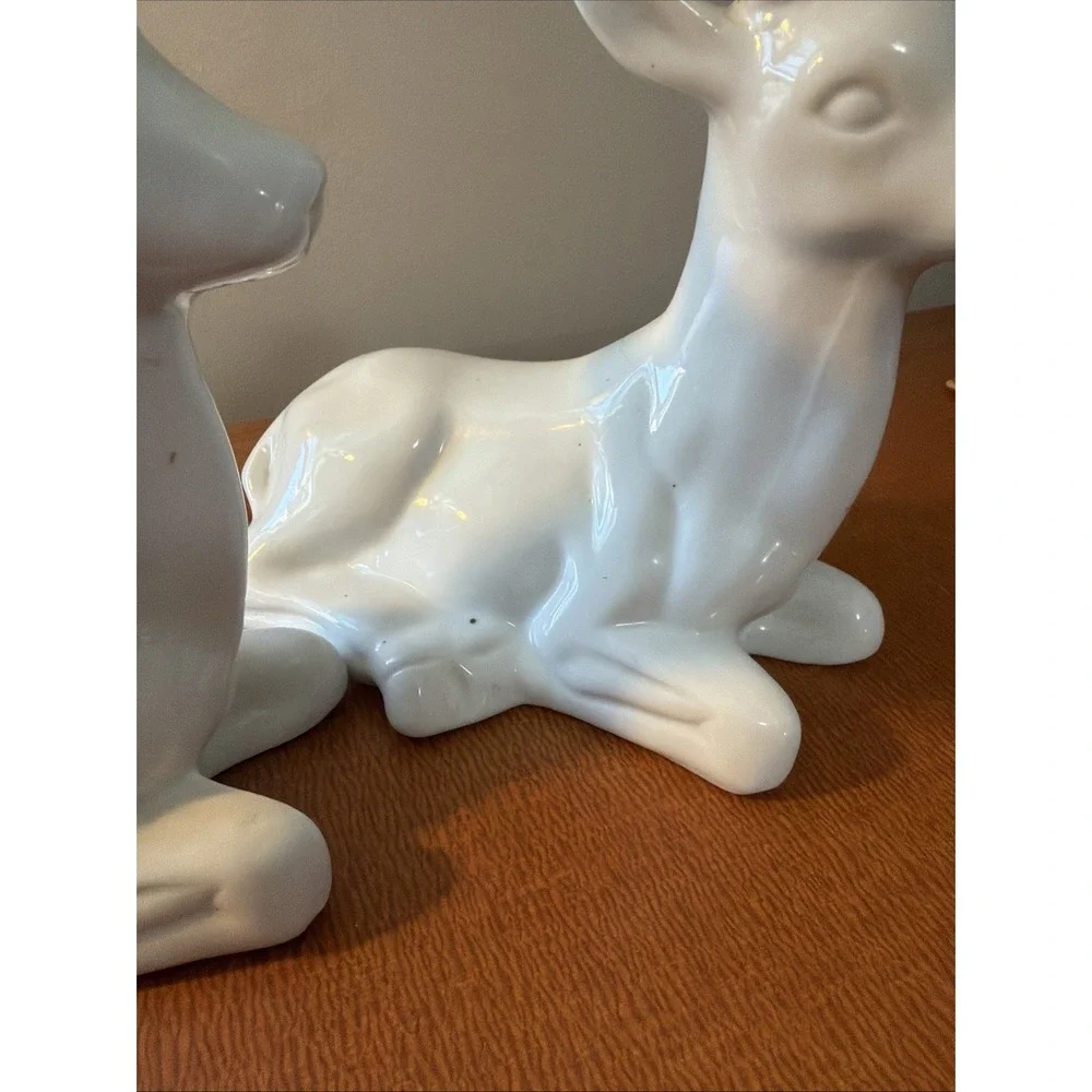 Vintage Pair Of White Porcelain Christmas Deer Buck Laying Figurine 8.5